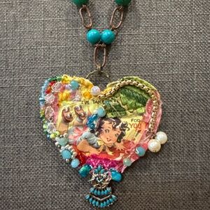Handmade mixed media 4” heart pendant on 20” chain